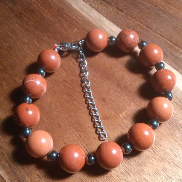Red Jasper and Hematite Rhodium over Stainless Steel Beaded Bracelet - Picture 2 of 9